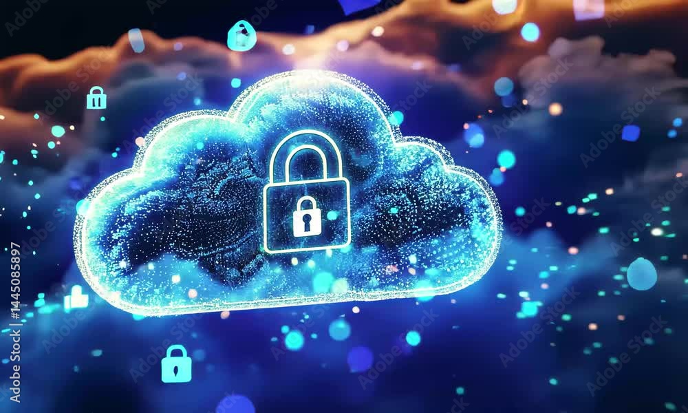 Aufkleber the video depicts a luminous cloud with a padlock icon, representing data protection amid a vibrant 