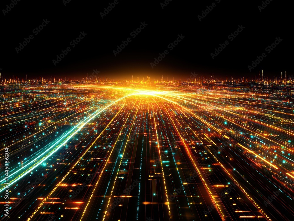 Poster technological data flow illuminating network in futuristic city horizon during digital transformatio