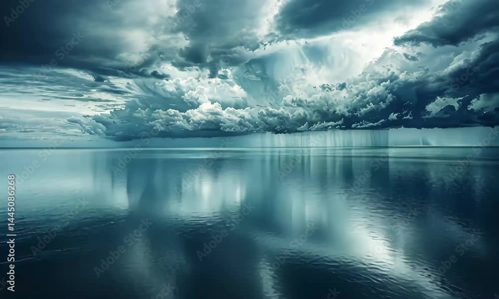 Poster a calm sea contrasts with dark, brooding clouds at dusk, creating a dramatic atmosphere. hints of li