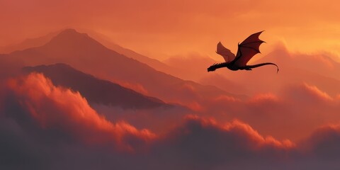 Fiery dragon soaring above a mountainous landscape.