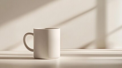 White Mug on White Table with Sunlight Shadows
