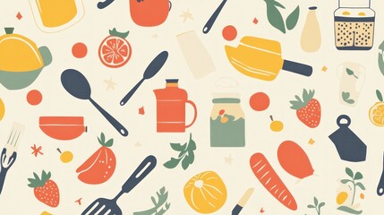 Colorful kitchenware and fruit pattern
