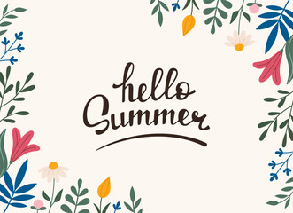 Decorative frame, border with flowers - tulip, leaves, lilies. Vector. Hello summer lettering. Doodle style. Horizontal Copy space, design template. Hand drawn summer flowers and foliage
