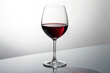 Elegant glass filled with red wine stands on a reflective surface against a gradient background wall