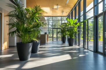 Modern office lobby with large plants