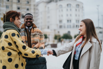Fototapeta premium A group of three fashionable individuals exchange smiles and handshakes outdoors amidst a cityscape, exuding friendliness and interconnectedness.