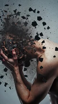 Athletic man is holding his head with his hands, suffering from mental breakdown and his head is crumbling into small pieces, isolated on a plain background
