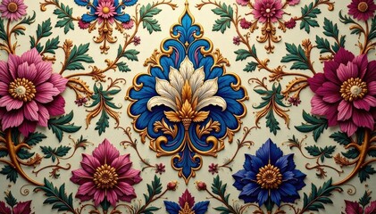 Elegant floral damask textile, intricate design, ornate, wallpaper