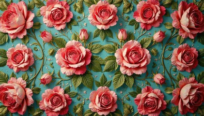 Naklejka premium Intricate repeating rose pattern on vintage fabric, background, bloom, textile print