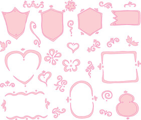 Set of hand drawn curved line frames in soft pink shades: shield shapes, heart, rectangle frame, oval, flag, figure eight frame, hexagon