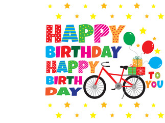 Birthday card design with balloons, gifts and bicycle
