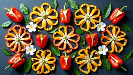 Vibrant display of red and yellow bell peppers with green leaves and white flowers