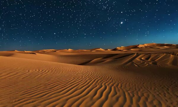 Under the vast night sky, the glowing stars illuminate the gentle curves of the sand dunes, creating a serene desert environment perfect for stargazing.