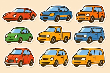 Cute cartoon set of colorful cars and vehicles in flat style with outlined stickers on beige background