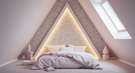 暖色系照明で輝く 三角屋根寝室 穏やか空間