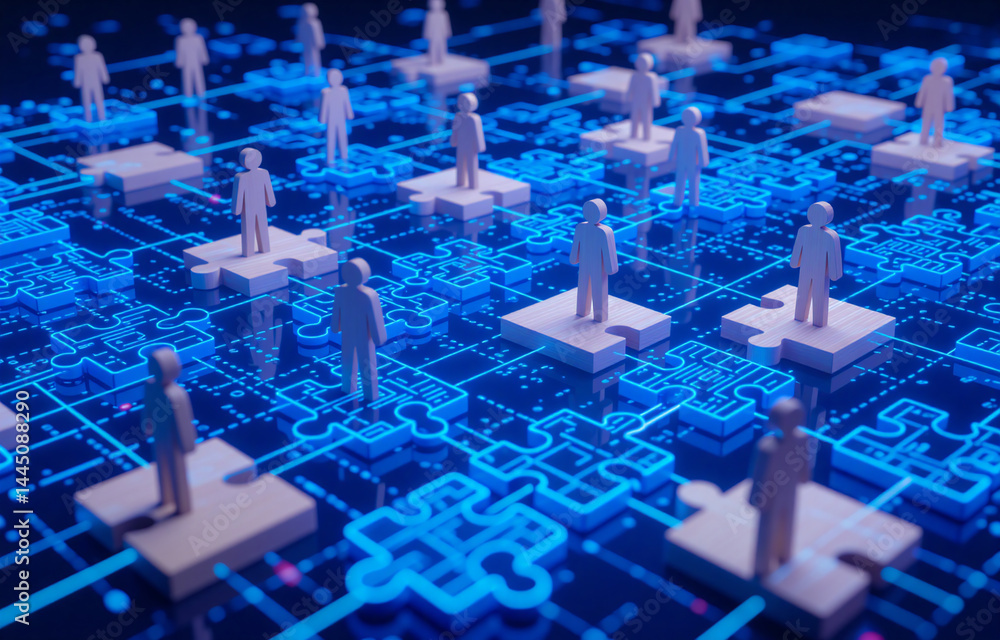 Aufkleber abstract digital network showing interconnectedness of individuals represented as figures on puzzle 