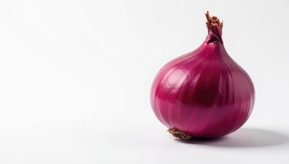 Single red onion, vibrant color, stark white backdrop, recipe, cooking, bulb