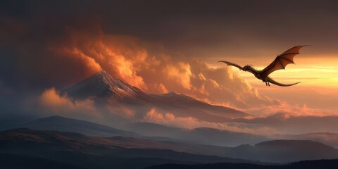 Majestic dragon soars above a fiery sunset.