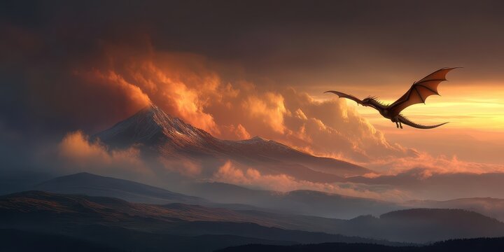 Majestic dragon soars above a fiery sunset.