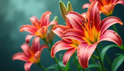 Fototapeta premium Bold, stylized lilies in a vibrant, continuous print , graphic, background