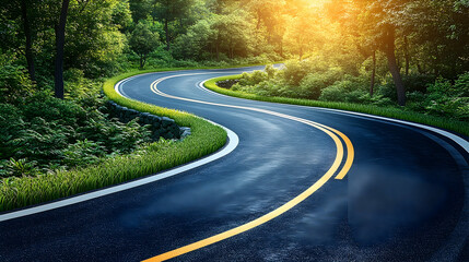 Winding Asphalt Road Through Lush Green Forest with Sunlight Bur