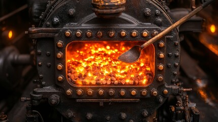 Hot coals radiate intense heat inside a vintage steam locomotive's firebox, vital for powering the train
