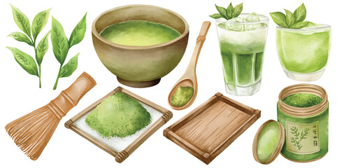 Watercolor Matcha Tea Vector Clip Art Set Hand Painted Green Tea Leaf Powder Whisk Spoon Bowl Ice Drink Jar Japanese Ceremony Illustration