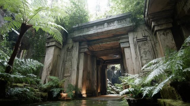 Ancient stone gate overgrown with lush ferns and moss, leading into a dense forest with a pool of water reflecting the architecture.