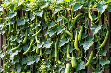 Lush green gourd vines on trellis in sunlit garden