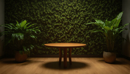 Fototapeta premium Serene Indoor Green Wall with Lush Plants and Wooden Table, Natural Tranquil Home Decor, Relaxing Botanical Interior