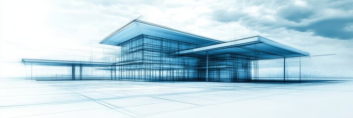 Obraz premium Modern Architectural Design A Futuristic Office Building Blueprint Rendered Against a Cloudy Sky