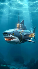Fototapeta premium Creative submarine design resembling a shark explores underwater depths near a coral reef during daylight