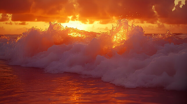 Fiery sunset illuminates crashing wave with golden light and foa