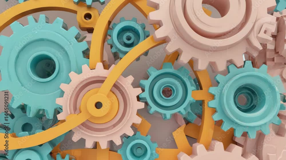 Poster colorful interlocking gears and cogs arranged in a mechanical pattern with blue, beige, and yellow t