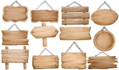 Watercolor Wooden Sign Vector Clip Art Set Hand Painted Hanging Board Arrow Frame Rustic Wood Banner Blank Isolated Illustration