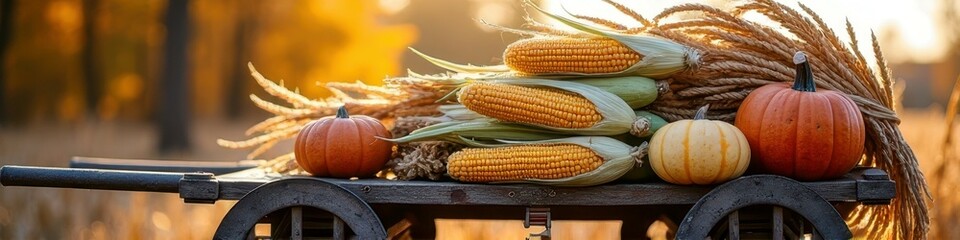 Autumn harvest display of corn and pumpkins in rustic setting