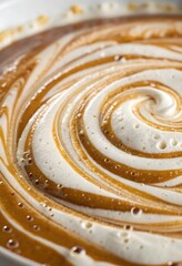 Swirling Creamy Delight: An artistic top-down close-up of frothy coffee or a flavorful dessert, showcasing a swirl of cream beautifully intertwined with the darker beverage.