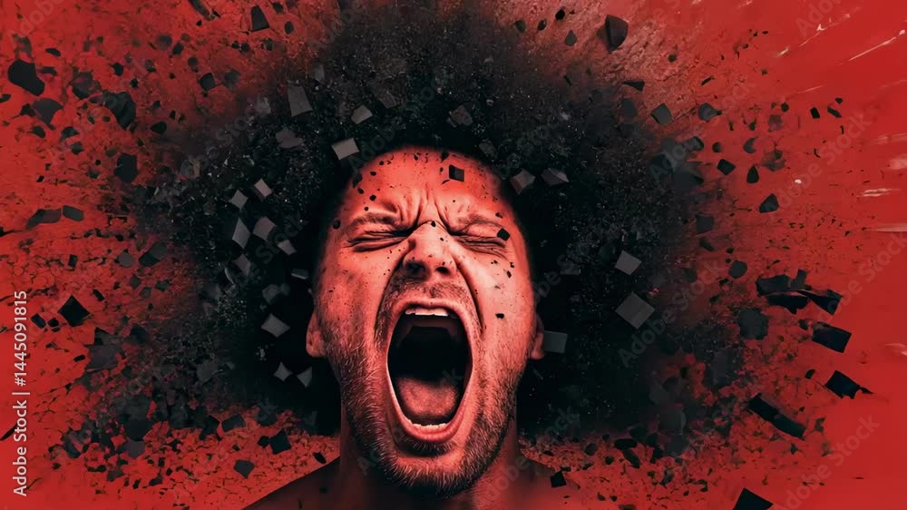 Aufkleber Intense portrait of a man screaming with his head seemingly exploding into black particles against a vibrant red backdrop, conveying concepts of stress, anger, and mental overload