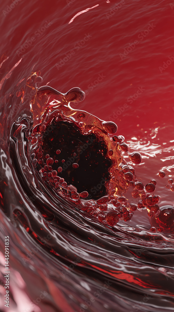 Poster Close-up of dark red liquid splash, creating dynamic swirling texture, showcasing movement and fluidity, ideal for drink or abstract design concepts