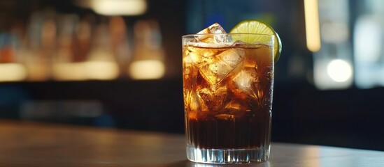 A refreshing rum and coke cocktail garnished with lime.