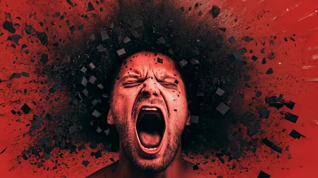 Intense portrait of a man screaming with his head seemingly exploding into black particles against a vibrant red backdrop, conveying concepts of stress, anger, and mental overload