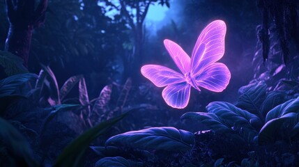 Glowing butterfly amidst dark, lush foliage.