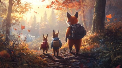 Autumnal forest path, three anthropomorphic foxes with backpacks, walking towards the light