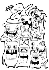 Hand-drawn illustrations, monsters doodle, Hand Drawn cartoon monster illustration,Cartoon crowd doodle hand-drawn Doodle style.black and white stripes coloring  book.