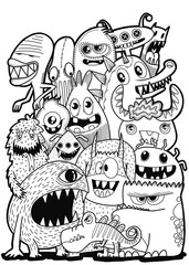 Hand-drawn illustrations, monsters doodle, Hand Drawn cartoon monster illustration,Cartoon crowd doodle hand-drawn Doodle style.black and white stripes coloring  book. © ohhh_photo