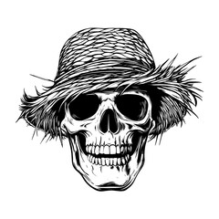 Sinister Skull in Hat: A meticulously detailed black and white illustration depicts a skull adorned with a straw hat, embodying a striking combination of the macabre and the rustic.