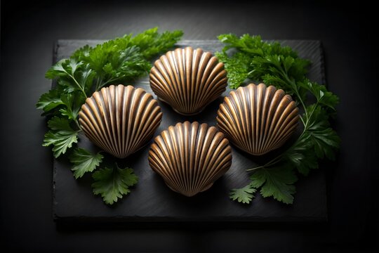 Organic Raw Shell Clams Styled with Green Herbs Ideal for Restaurant or Gourmet Promotions