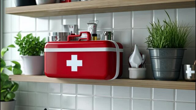 Red first aid medical kit box on kitchen counter. 