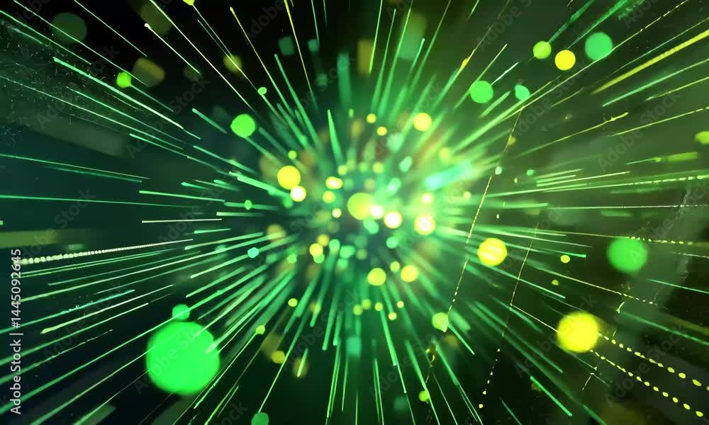 Poster a striking display of green light particles radiating outward, creating an energetic effect that con