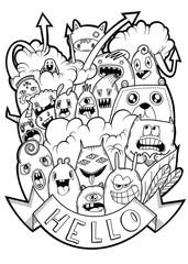 Hand-drawn illustrations, monsters doodle, Hand Drawn cartoon monster illustration,Cartoon crowd doodle hand-drawn Doodle style.black and white stripes coloring  book.